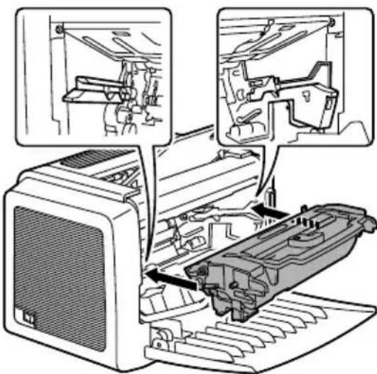 Diagram showing engine compartment assembly with labeled parts and directional arrows indicating assembly steps