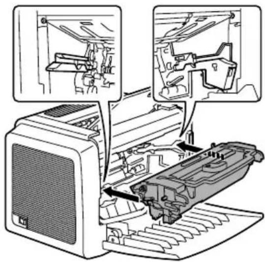 Technical diagram showing engine compartment assembly with labeled parts and directional arrows indicating assembly steps