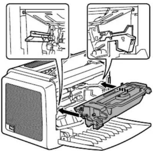 Technical diagram showing mechanical assembly with labeled components and directional arrows indicating assembly steps