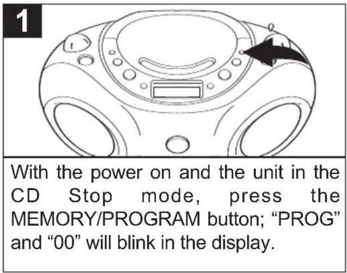 1 With the power on and the unit in the CD Stop mode, press the MEMORY/PROGRAM button; "PROG" and "00" will blink in the display.