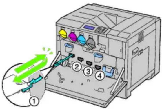 Diagram of a printer's internal structure with numbered parts and a magnified view showing the printer's handle.