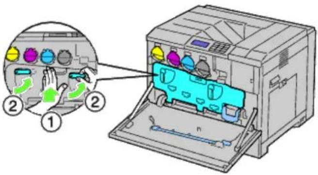 Diagram of a printer's internal structure with labeled parts and a magnified view showing hand gestures and color-coded buttons.