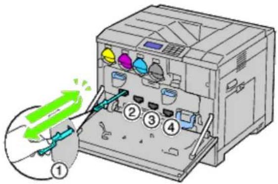 Diagram of a printer's internal structure with numbered parts and a magnified view showing a hand holding a tool.
