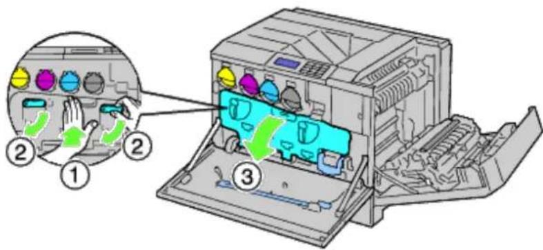 Diagram of a printer's internal structure with labeled parts and a magnified view showing hand positioning and color-coded zones.