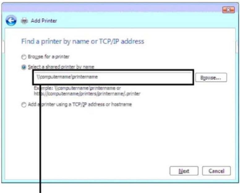 Find a printer by name or TCP/IP address Browse for a printer Select a shared printer by name \computername\printername Example: \computername\printername or https://computername/printers/printername/,printer Add a printer using a TCP/IP address or hostname Browse... Next Cancel
