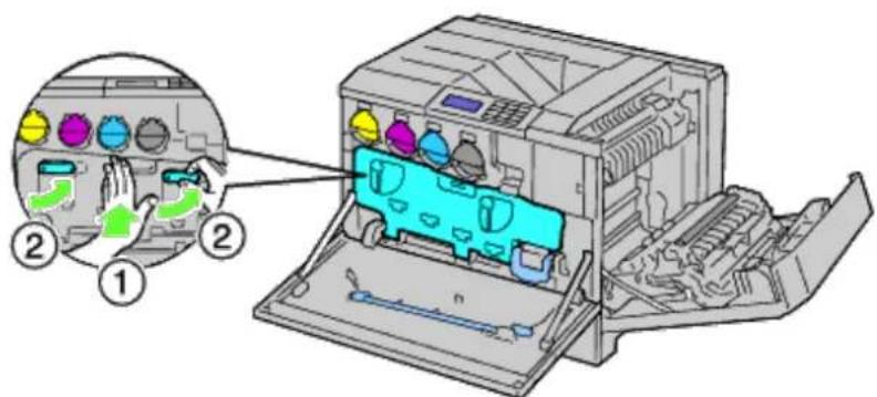 Diagram of a printer internal structure with labeled parts and a magnified view showing hand positioning and color-coded buttons.