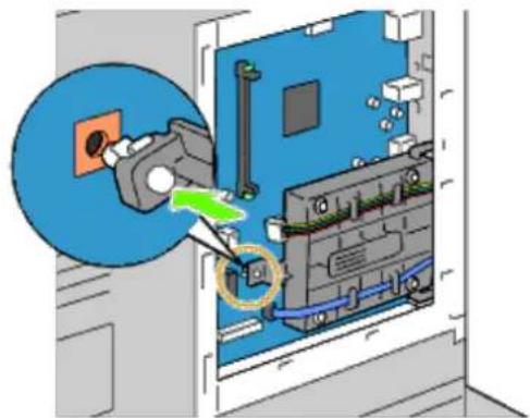 Diagram showing a device's internal components with a magnified view highlighting a component being inserted into a blue panel.