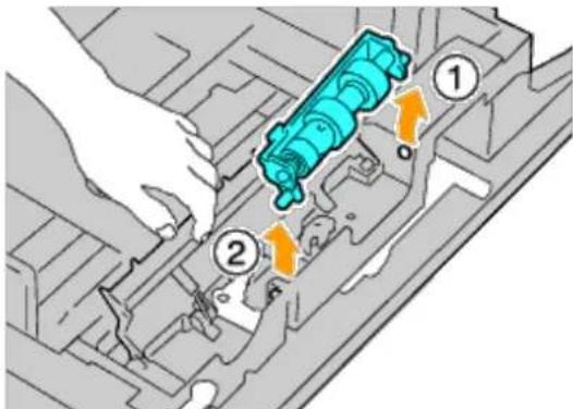 Technical diagram showing a blue mechanical component with numbered parts and directional arrows indicating motion or flow.