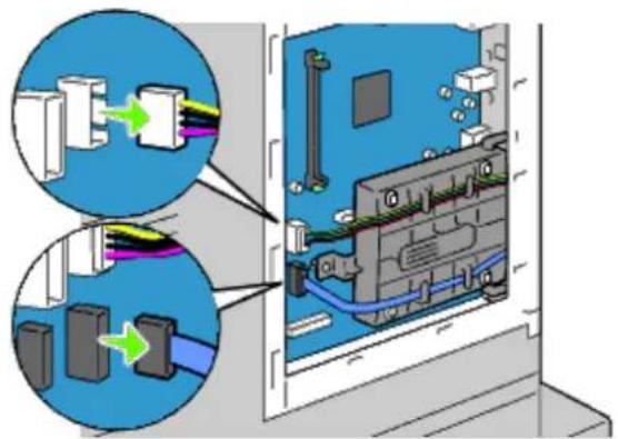 Diagram showing cable routing between an electrical panel with labeled components and directional arrows indicating flow or connection.