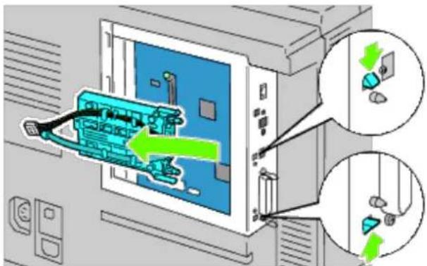 Diagram showing a computer monitor with cable and drive, highlighting a green directional arrow and magnified insets of device components.
