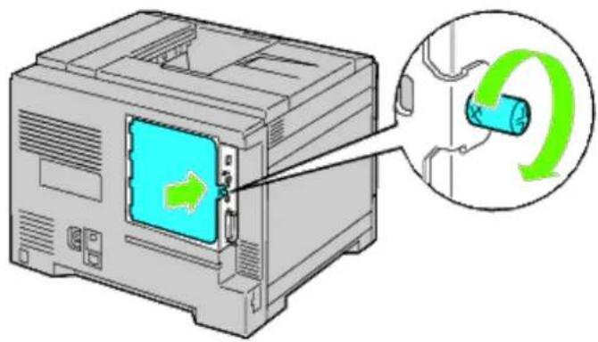 Diagram showing a computer monitor with an open screen and a magnified view of the battery with green circular arrows indicating rotation.