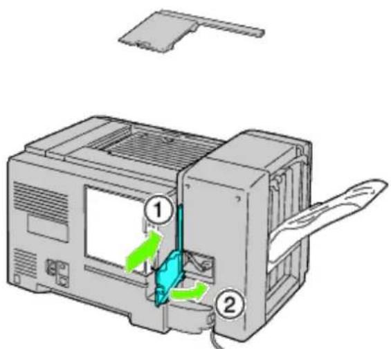 Diagram of a printer internal structure with labeled parts and directional arrows indicating movement or assembly.