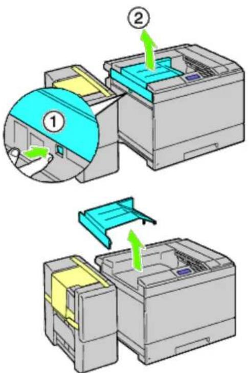 Diagram illustrating a printer's internal structure and assembly process, labeled with components ① and ②.