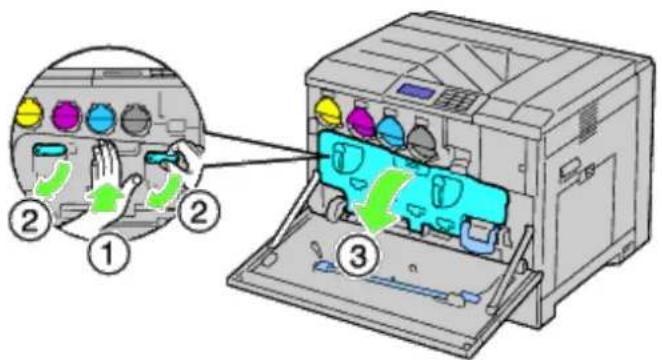 Diagram of a printer's internal structure with labeled parts and a magnified view showing hand positioning and color-coded buttons.
