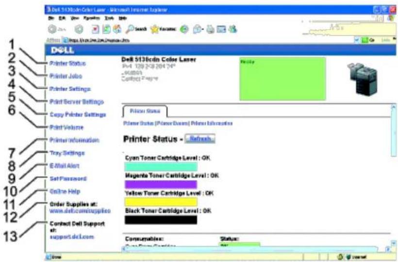Dell 5138cdn Color Laser - Microsoft Internet Explorer File Edit View Favorites Help Help Search Various Address https://www.dell.com/ DOLL Printer Status Printer Jobo Printer Settings Print Server Settings Copy Printer Settings Print Volume Printer Information Tray Settings E-Mail Alert Set Password Online Help Order Supplies at: www.dell.com/supplies Contact Dell Support at: support.dell.com Dell 5138cdn Color Laser File: 129-204-04 -960001 Contact Page Printer Status Printer Status (Printer Down) Printer Information Printer Status - Refresh Cyan Toner Cartridge Level : OK Magenta Toner Cartridge Level : OK Yellow Toner Cartridge Level : OK Black Toner Cartridge Level : OK Consumables: Status: Cyan Toner Cartridge: OK