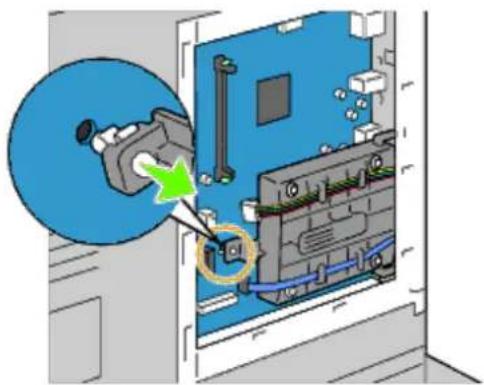 Diagram showing a device being inserted into an electrical enclosure, with a magnified view highlighting the component's insertion.
