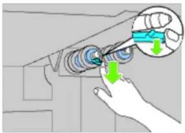 Diagram showing a hand using a tool to adjust or install a mechanical component, with arrows indicating downward motion.