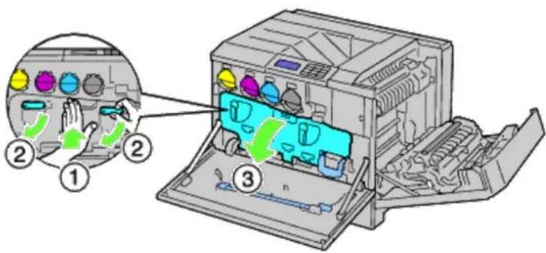 Diagram of a printer internal structure with labeled parts and a magnified view showing hand positioning and color-coded zones.
