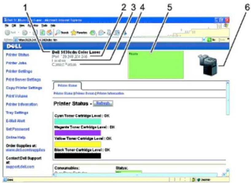 1 2 3 4 5 6 Dell 5130cdn Color Laser Printer Status Printer Jobs Printer Settings Print Server Settings Copy Printer Settings Print Volume Printer Information Tray Settings E-Mail Alert Set Password Online Help Order Supplies at: www.dell.com/supplies Contact Dell Support at: support Dell.com Dell 5130cdn Color Laser Pptd: 29 248 274 248 Cone: Partition Printer Status Printer Status (Printer Focus) Printer Information Printer Status - Refresh Cyan Toner Cartridge Level: OK Magenta Toner Cartridge Level: OK Yellow Toner Cartridge Level: OK Black Toner Cartridge Level: OK Consumables: Status: