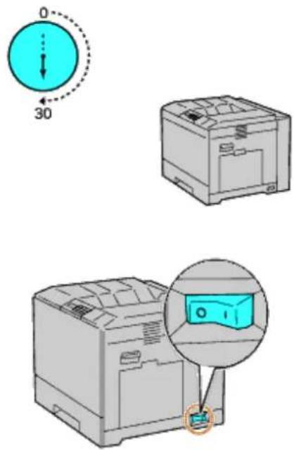 Diagram showing three views of a printer with a magnified view highlighting a device's internal structure.
