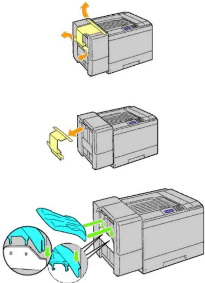 Diagram illustrating the process of a printer's internal structure and assembly, showing steps from opening to disassembly.