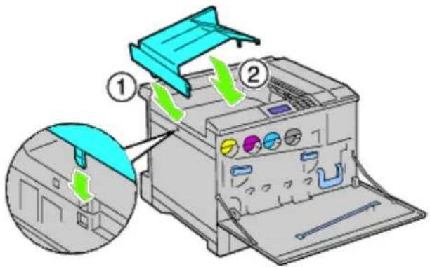 Diagram of a printer's internal structure with labeled parts and directional arrows indicating assembly or operation.