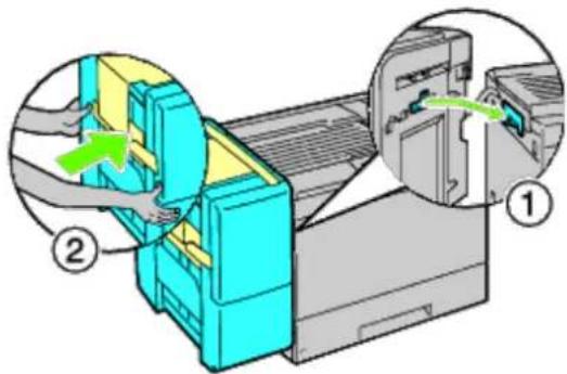 Diagram illustrating a printer's internal structure and internal processing, labeled with components ① and ②.