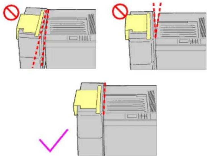 Diagram showing three steps of a printer or printer setup with prohibition symbols and a checkmark, likely illustrating a procedure or installation.