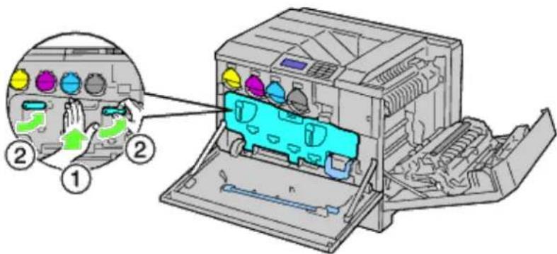 Diagram of a printer internal structure with labeled parts and a magnified inset showing hand gestures and color-coded buttons.