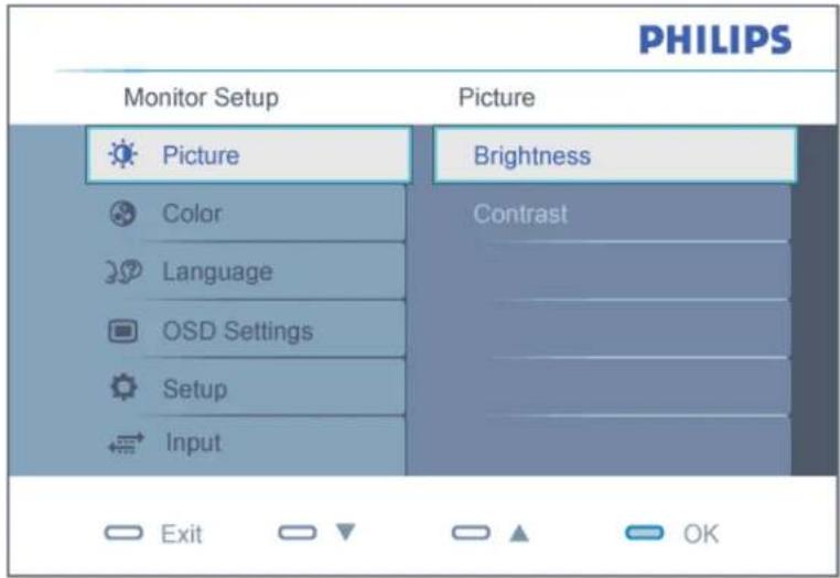 PHILIPS Monitor Setup Picture Picture Brightness Color Contrast Language OSD Settings Setup Input Exit OK