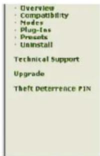 Overview Compatibility Modes Plug-ins Presets Uninstall Technical Support Upgrade Theft Deterrence PIN