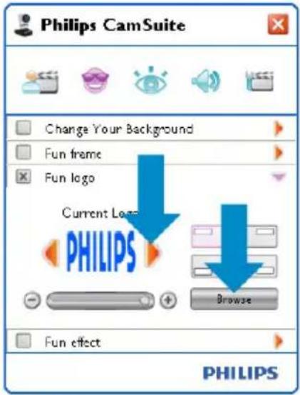 Philips CamSuite Change Your Background Fun frame Fun logo Current Log PHILIPS Browse Fun effect PHILIPS