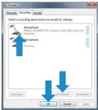 Sound Playback Recording Sounds Select a recording device below to modify its settings Microphone Phelps SPC8006 PC Camera; Audio (Microphone) Working Microphone Working Configure Set Default Properties OK Cancel Apply