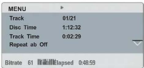 MENU Track 01/21 Disc Time 1:12:32 Track Time 0:02:29 Repeat ab Off Bitrate 61 lapsed 0:48:59