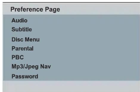 Preference Page Audio Subtitle Disc Menu Parental PBC Mp3/Jpeg Nav Password
