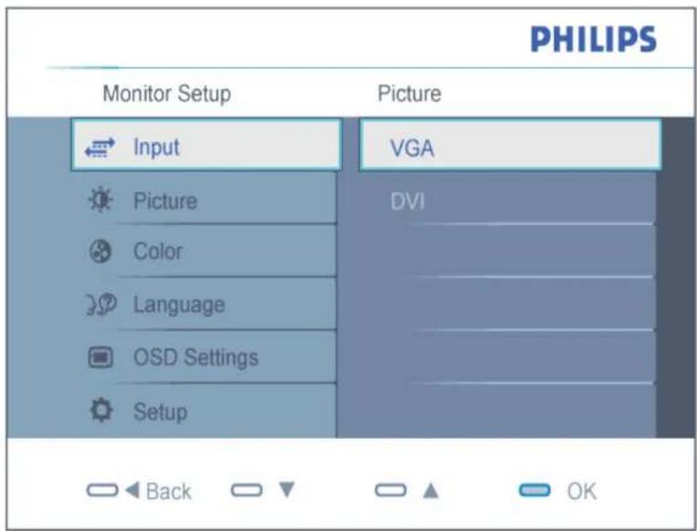 PHILIPS Monitor Setup Picture Input VGA Picture DVI Color Language OSD Settings Setup Back OK