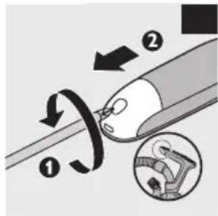 Diagram illustrating a mechanical or electrical process with labeled steps ① and ②, showing directional arrows and a magnified inset of a device.