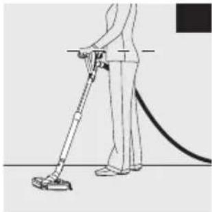 Line drawing of a person using a handheld vacuum cleaner (no text or symbols)