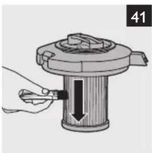 Illustration of a hand using a tool to press down a cylindrical device with a downward arrow (no text or symbols)