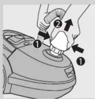 Diagram showing hand positioning of a hairdryer with numbered steps and directional arrows indicating motion.
