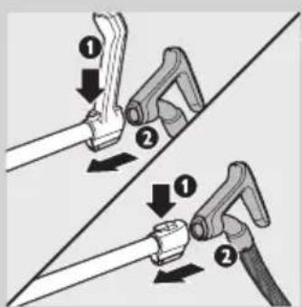 Diagram showing two mechanical lever mechanisms with labeled parts and directional arrows indicating movement or force.