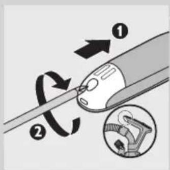 Diagram illustrating a mechanical or electrical component with labeled parts and directional arrows, including a magnified inset showing a gear mechanism.