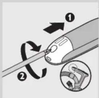 Diagram illustrating a mechanical or electrical component with labeled parts and directional arrows, including a magnified inset showing the internal structure.