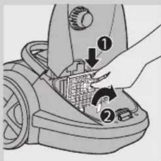 Diagram showing a hand operating a vacuum cleaner with labeled parts and directional arrows indicating process flow.
