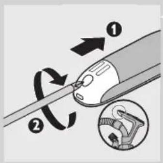 Diagram illustrating a mechanical or electrical component with labeled parts and directional arrows, including a magnified inset showing a device.