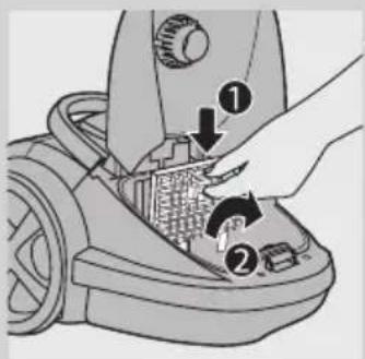 Diagram of a vacuum cleaner with labeled parts and directional arrows indicating process flow.