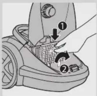 Diagram of a vacuum cleaner with labeled parts and directional arrows indicating process flow.