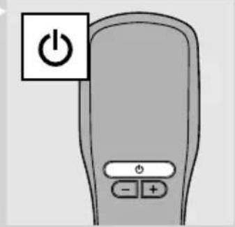Illustration of a remote control with a power button and control buttons (no text or symbols)