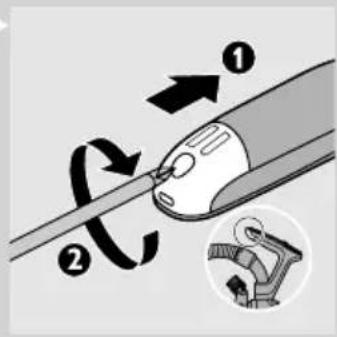 Diagram illustrating a mechanical or electrical component with numbered parts and directional arrows, including a magnified inset showing the component.