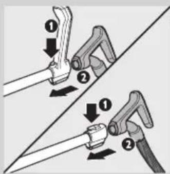 Diagram showing two mechanical lever mechanisms with numbered parts and directional arrows indicating movement or assembly.